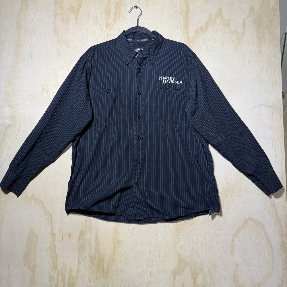 Harley Davidson Pinstripe Button‎ Up Shirt Men's Large Black Biker Motorcycle